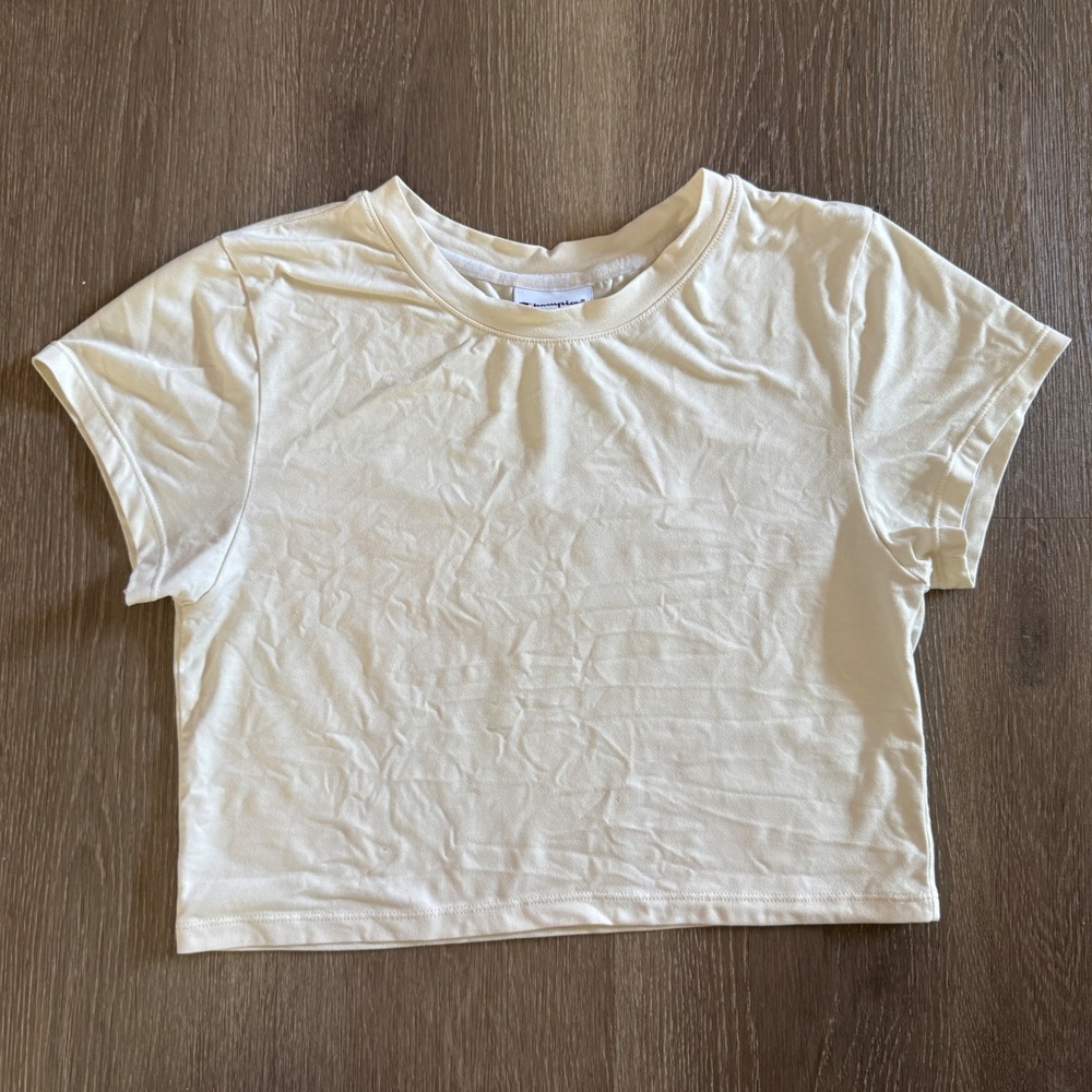 Champion Crop Top Women Large Cream Short Sleeve Athletic Crew Neck W0358